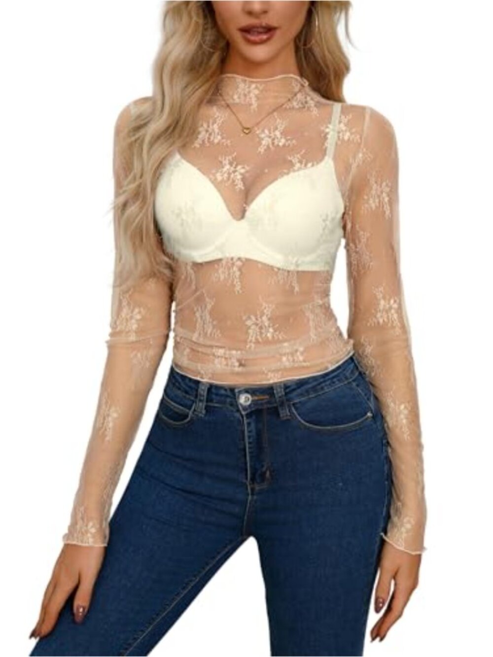Sheer Mesh Long Sleeve Crop Top Mock Neck Lace Floral Y2K Layering Tee